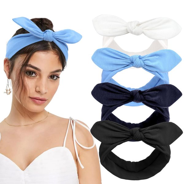 YISSION 4PCS Knotted Bow Headbands for Women Girls Non Slip Wide Head Bands Top Knot Hairbands for Yoga Workout Blue Black White Headband Turban Headwrap Hair Accessories for Women