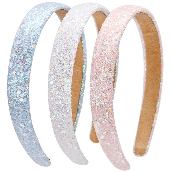 LONEEDY 3 Pack Glitter Sequins Sparkly Hard Headbands for Kids Wide Padded Hair Bands Fashion Cute Daily Accessories for Girls and Women (pink + sky blue + white)