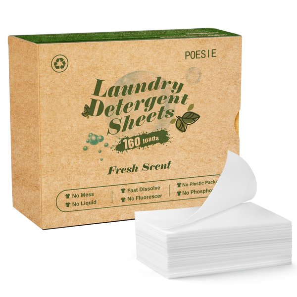Poesie Laundry Detergent Sheets Fresh Scent 160 Sheets Clear Plastic-Free Hypoallergenic Liquid Less Sheets for Home Dorm Travel Camping & Hand Washing Clean No Waste