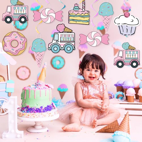 Sweet Comic Ice Cream Donut Hanging Swirl Party Decor, Pastel Cartoon 2D Comic Donut/Candy Party Ceiling Streamers for Girl Ice Cream Theme Birthday Party Kids Candy Wedding Baby Shower Party Supplies