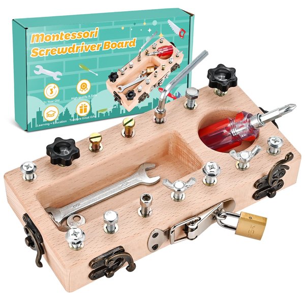 Wooderma Wooden Montessori Toys for 3 4 5 Year Old, Montessori Screwdriver Board Set with Lock and Key Toy, Educational Sensory Learning Toys STEM Fine Motor Skills Toys