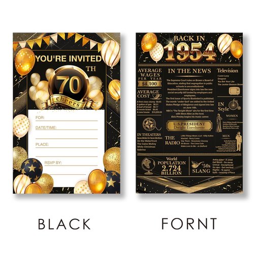 EUDOSI 70th Birthday Party Invitations - Back in 1954 Invites Black and Gold 70 Year Old Birthday Invitations Set for Bday Anniversary (20 Invitations and Envelopes)