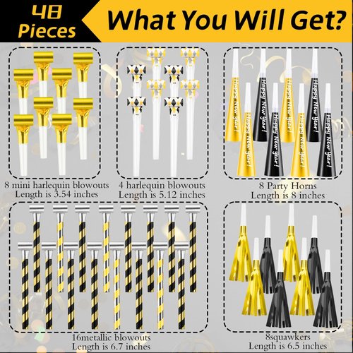Demonwer 48 Pcs New Year Noisemaker Party Blowers Horns Noisemakers Set Musical Paper Noisemakers Glitter Fringed Metal Blowouts Colorful Noisemakers Whistles for New Years Eve Party Supplies