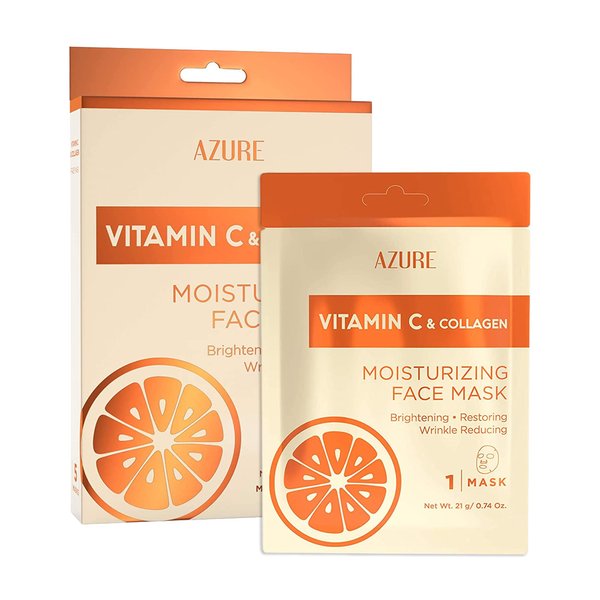 AZURE Vitamin C & Collagen Moisturizing Facial Sheet Mask- Anti Aging, Deeply Moisturizing & Firming - Brightening Mask, Improves Elasticity - Skin Care Made in Korea - 5 Pack