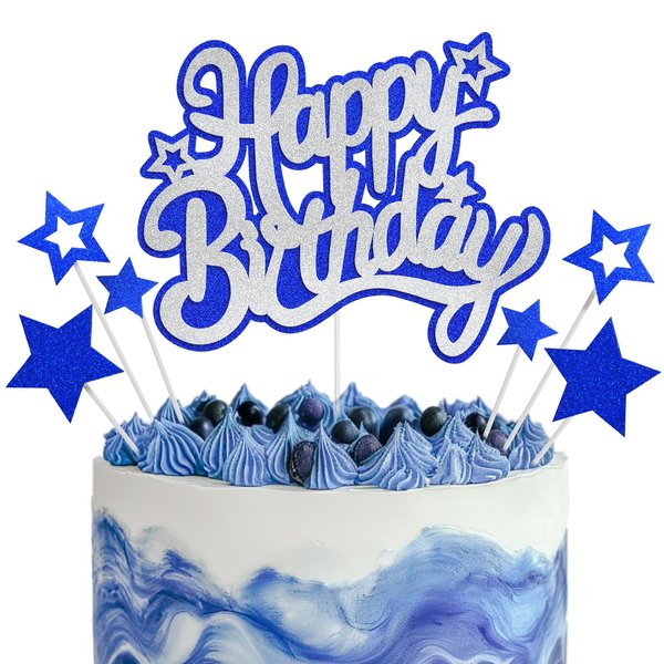 Happy Birthday Cake Toppers, Blue Silver Glitter Happy Birthday Cake Decorations for Men Boys Birthday Party Decors