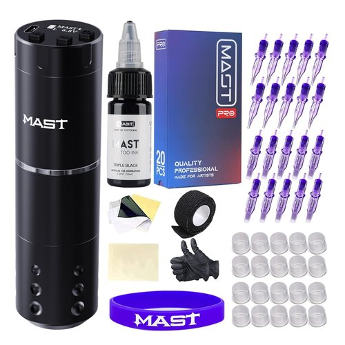 Mast Tattoo Gun Kit, Wireless Complete Tattoo Kit Cord/Cordless Tattoo Machine 20Pcs Cartridge Needles Tattoo Ink for Beginner