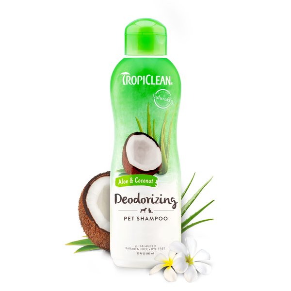 TropiClean Aloe & Coconut Deodorizing Dog Shampoo for Smelly Dogs | Odor Control Shampoo for Stinky Dogs | Natural Pet Shampoo Derived from Natural Ingredients | Cat Friendly | Made in the USA | 20 oz