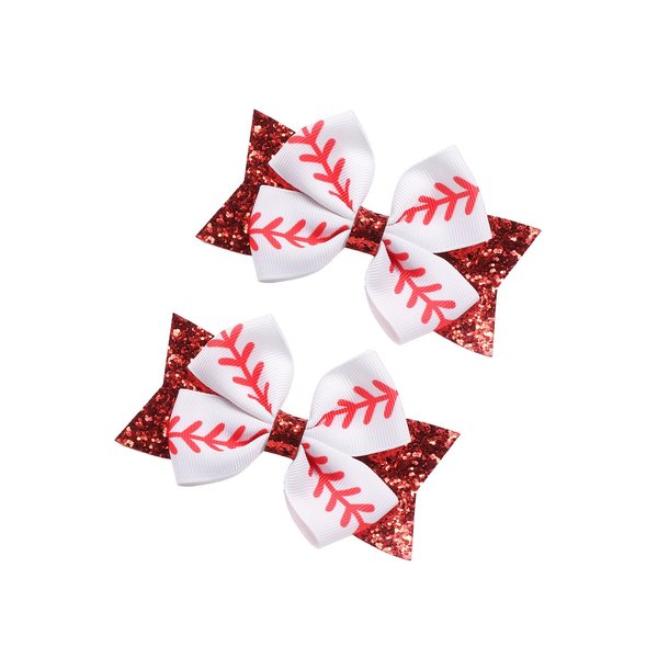 Baseball Hair Clips Bow Sports Bow Hair Barrettes Clips Girls Baseball Bow Hair Pin BBG65 (B2-Set 2 Pcs)