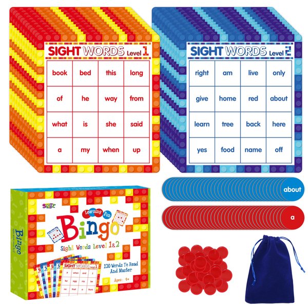 Sight Word Bingo Game, 120 Sight Words Learn to Read Level 1 & Level 2 Bingo Board Game Dolch's & Fry's Words Lists for Kindergarten and Preschool Kids 4-8, Perfect for Classroom & at Home
