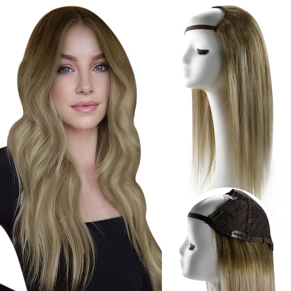 RUNATURE Glueless U Part Wig Human Hair Brazilian Remy Human Hair U Part Wig Balayage Brown to Blonde U Part Human Hair Wig with Middle Cap 16 Inch Balayge Half Wig Human Hair