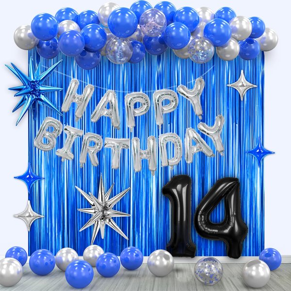 14th Birthday Party Decorations for Boys, Navy Blue Silver Black Happy 14 Birthday Decorations Set with Birthday Backdrop Banner 14 Number Balloons for Him 14 years old.