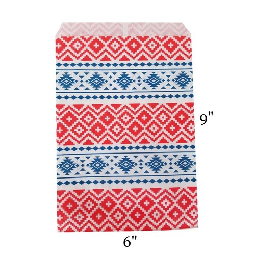 100 Bags Flat Plain Paper or Patterned Bags - for Sales Merchandise/Candy/Cookies/Party Favors/Pens/Gifts - N'icePackaging - (6" x 9", Tribal Print)
