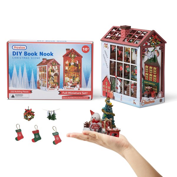 Prextex DIY Christmas Book Nook - 232 Building Pieces - Full Miniature Set with AAA Battery (Not Included) Operated Lights - Complete Toolkit Included - Ideal Holiday Decor for Ages 10+