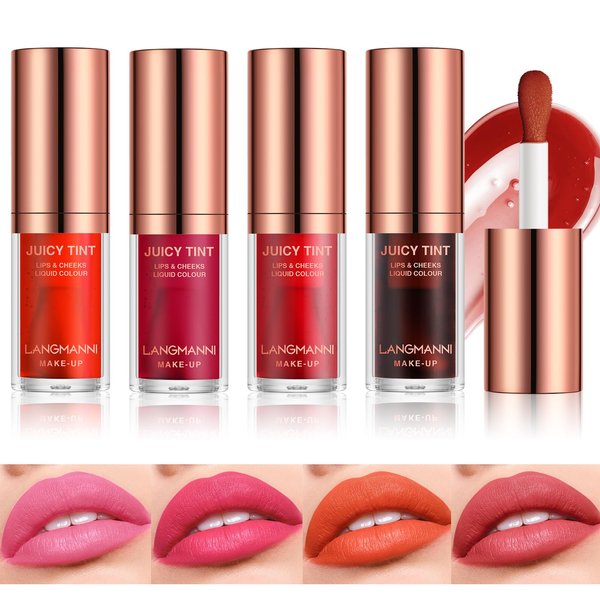LANGMANNI Lip Stain Set,Liquid Lip Tint Kit With Long-lasting, Waterproof, Lightweight, No-stick Formula, Matte Lip Color Lip Makeup (4Pcs)