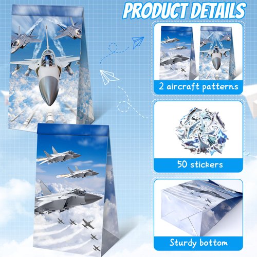 Sanwuta 24 Pcs Airplane Goodie Bags with 50 Pcs Stickers Airplane Party Favors Candy Bags Themed Paper Airplane Birthday Decorations for Party Supplies