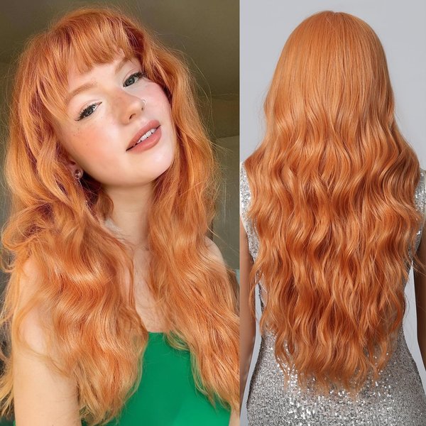 testar Ginger Wig With Bangs Long Wavy Auburn Wigs For White Women Loose Wave Orange Wigs Hair Replacement Heat Resistant Synthetic Wigs For Daily Party Use 26 Inch