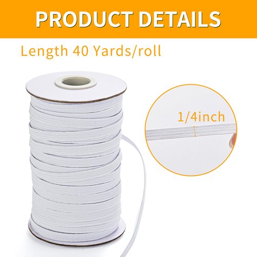 Elastic Band for Sewing, 1/4 Inch 40 Yards White Knit Elastic Bands High Elastic Cord for Sewing Waistband and Pants Waist