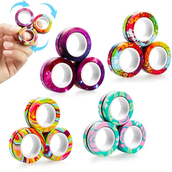 Pushmick 12 Pcs Finger Magnetic Rings Fidget Toys, Colorful Magnet Rings, Great Fidget Rings for Training Relieves Reducer Autism Anxiety.