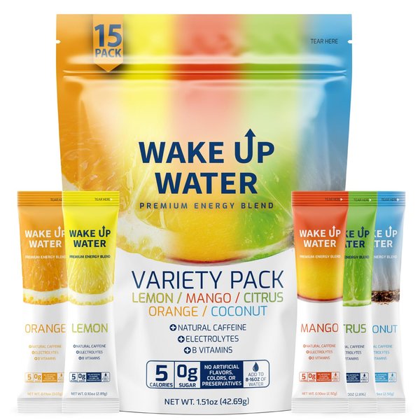 Wake Up Water - Energy + Hydration Sugar Free 15 Packet, Variety Pack - Energy Drink Powder, Electrolytes Powder Drink, Natural Caffeine Mix Packet, B Vitamins, 5 Calories, Gluten Free - .10 oz (2.9g)