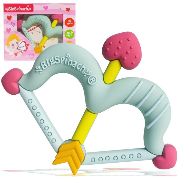 BIGSPINACH Teethers Heart Shape Silicone Baby Teether Toy Easy for Little Hands to Hold,Cupid Bow and Arrow Soft Teething Toy for Infants,Valentine's Day Gift for Girl or Boy (Green)