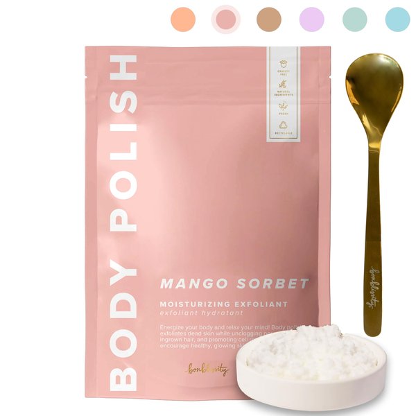 Bonblissity Body Scrub, Body Polish [MANGO SORBET] - Moisturizing & Exfoliating Body Scrub - Handmade, Eco-Friendly, Mess-Free with Gold Spoon, Gentle & Fluffy Texture, Made in USA