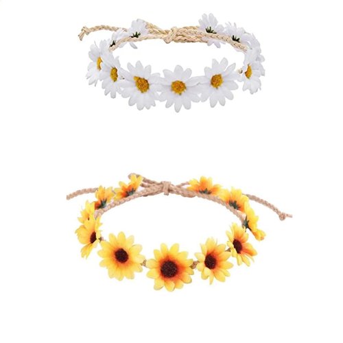 Sunflower Headband Crown, 2PCS Sunflower Flower Headband, Sunflower Hair Wreath Women Girl Bridal Floral Headpiece For Hippie Party Wedding Festivals(White, Yellow)