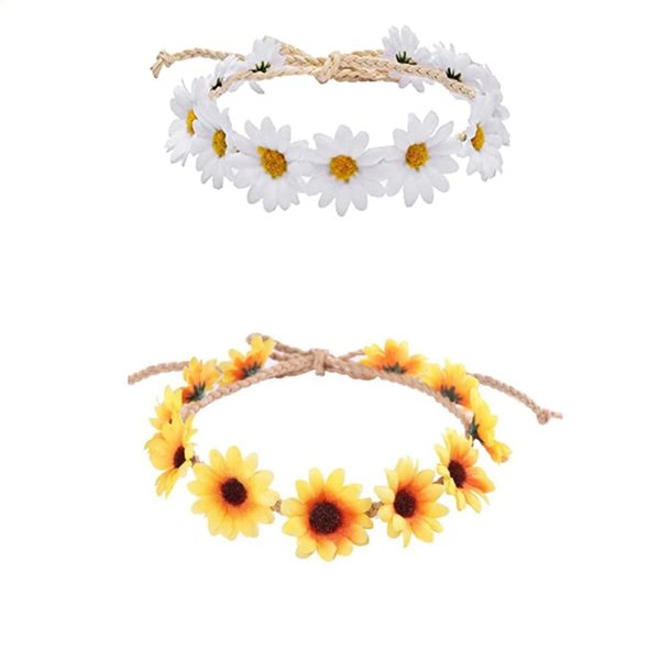 Sunflower Headband Crown, 2PCS Sunflower Flower Headband, Sunflower Hair Wreath Women Girl Bridal Floral Headpiece For Hippie Party Wedding Festivals(White, Yellow)