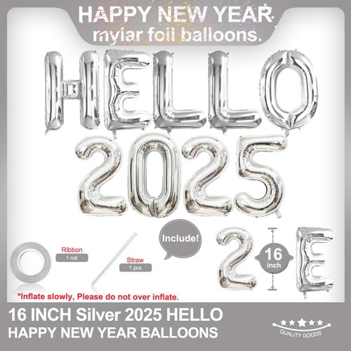 Hello 2025 Balloons, 16 Inch Silver Hello 2025 Balloons,Hello 2025 Silver Balloons for New Year Eve Party Supplies 2025, New Years Decorations 2025, Christmas Decorations