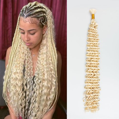 Deep Wave Bulk Braiding Hair Extensions-20 Inches 8 Pakcs Off-white Synthetic Curly Hair Bundle for Braiding,No Weft Braids for Human（20"-8 Packs,613#）
