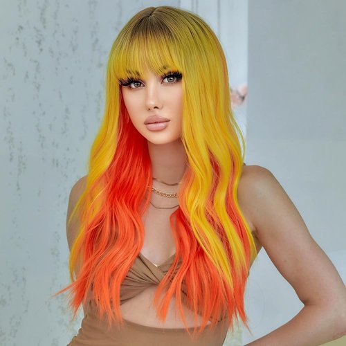 incohair 24 Inches Long Wavy Wigs for Women Heat Resistant Synthetic Ombre Wig with Bangs, Colorful Costume Wigs for Party Halloween Cosplay (ombre Yellow Orange)