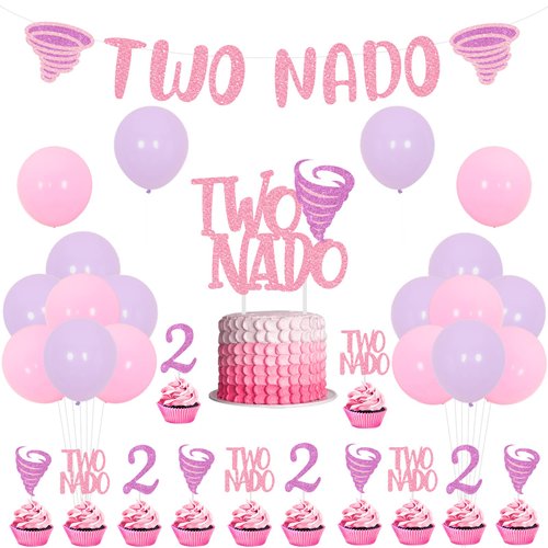 Balterever Tornado Birthday Party Decorations for Girls Tornado 2nd Birthday Party Supplies with Two Nado Banner Cake Cupcake Toppers Two Nado Birthday Party Decorations for Two Year Old Girls