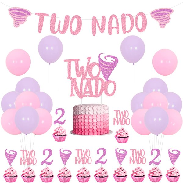 Balterever Tornado Birthday Party Decorations for Girls Tornado 2nd Birthday Party Supplies with Two Nado Banner Cake Cupcake Toppers Two Nado Birthday Party Decorations for Two Year Old Girls