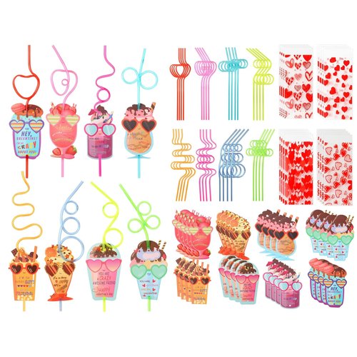 JELMOK Valentines Day Cards for Kids School, 32 Set Valentines Day Cards for Kids, Valentines Day Exchange Cards Crazy Straws Bulk,Valentines Day Cards for Kids Class Classroom Boys Girls Party Favors