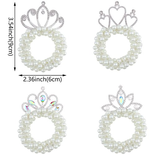 4 Pcs Pearl Crown Hair Ties White Pearl Beads Hair Scrunchies Elastic Hair Bands Beaded Ponytail Holder Crystal Princess Hair Rope Ties Accessories for Women Girls