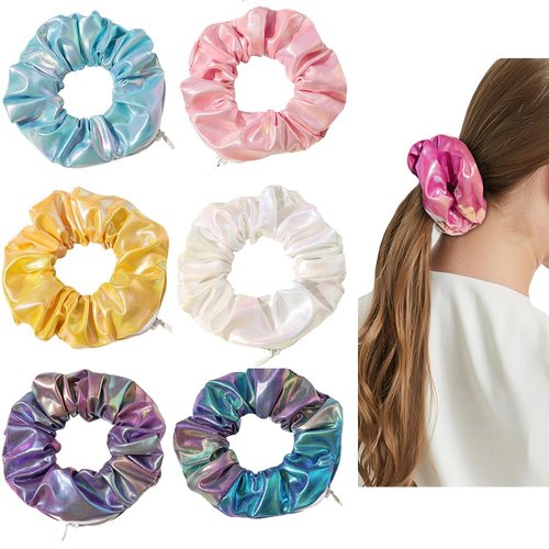 6 Piece Tie Dye Scrunchies Velvet Pocket Hair Scrunchies for girls, Shiny Scrunchies Elastic Hidden Pocket Metallic Hair Tie for Womens (6 PCS Shiny Colorful Scrunchies)