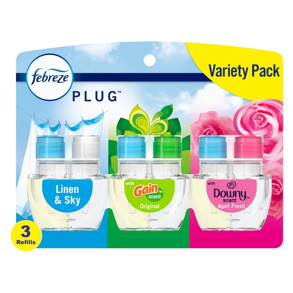 Febreze Odor-Fighting Fade Defy PLUG Air Freshener, Downy April Fresh, Gain Original, Linen & Sky, (3) .87 fl. oz. Oil Refills