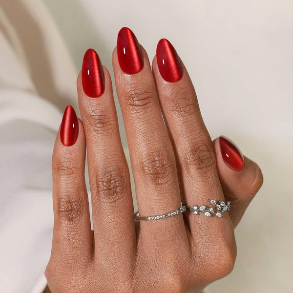 Press on Nails Almond - SHANGMENG Cat Eye Press on Nails Short with Nail Glue, Fit Perfectly Fake Nails for Women Gift, Opaque Stick On Nails in 16 Sizes - 32 Reusable Nails Kit, Wine Red
