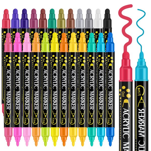 Betem 24 Colors Dual Tip Acrylic Paint Pens Markers, Premium Acrylic Paint Pens for Wood, Canvas, Stone, Rock Painting, Glass, Ceramic Surfaces, DIY Crafts Making Art Supplies