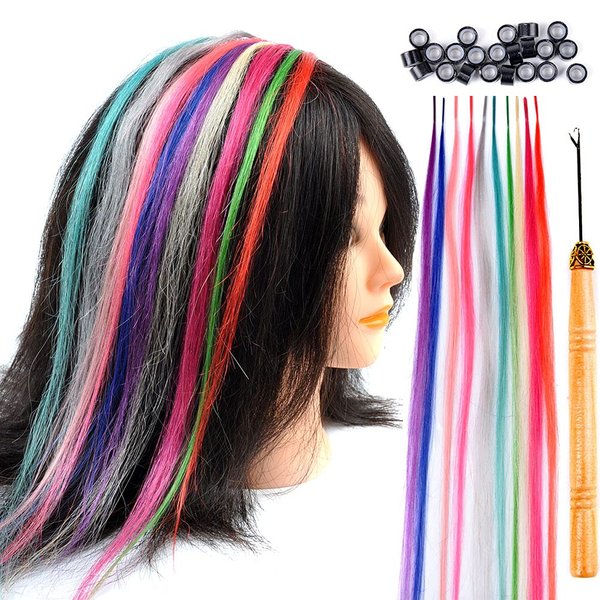 Jmzulnivst Lot 10 strands 20'' Long Solid Colorful I Tip Human Hair Extension,10+ FREE Micro Beads,Hook (10 colors Mixed, 20inch)