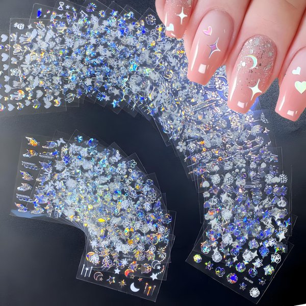 GUFUGU 30 Sheets Aurora Nail Art Stickers Heart Star Nail Decals 3D Self-Adhesive Aurora Flower Nail Stickers for Nail Art Snowflake Leaf Nail Design for DIY Acrylic Nails for Women and Girls
