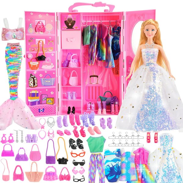 ZapWhiz Gifts for 3-12 Year Old Girls, Doll Closet Girl Toys Age 4-9 with Doll Clothes and Accessories Mermaid Doll for Girls 6-12 Dress up Doll Toys for 3 4 5 6 7 8 9 10 Year Old Girl Birthday Gift
