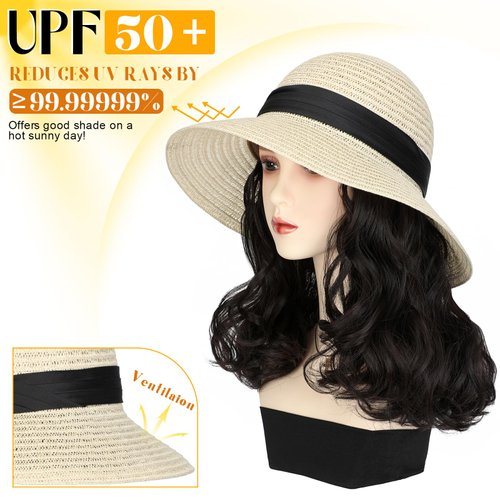 Lansigreen Sun Hat with Hair Extensions Hat Wig UPF 50+ Foldable Wide Brim Straw Beach Hat Attached 9" Wavy Hairpiece Synthetic for Women Summer Dark Brown