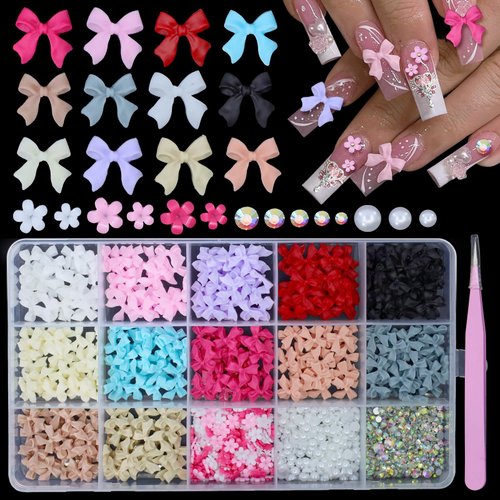 3D Bows Nail Charms Set Assorted Colorful Bowknot White Pink Tiny Flowers Nail Art Charms Bow White Nail Pearls AB Rhinestones for Manicure Jewel Accessories