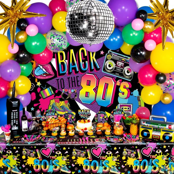 HJINGY 80s Party Decorations, 80s 90s Theme Birthday Party Supplies Includes Inflatable Radio Boombox & Mobile Phone, Back To The 80's Backdrop, Tablecloth, Plates, Napkins, Hip-Hop Cake Toppers