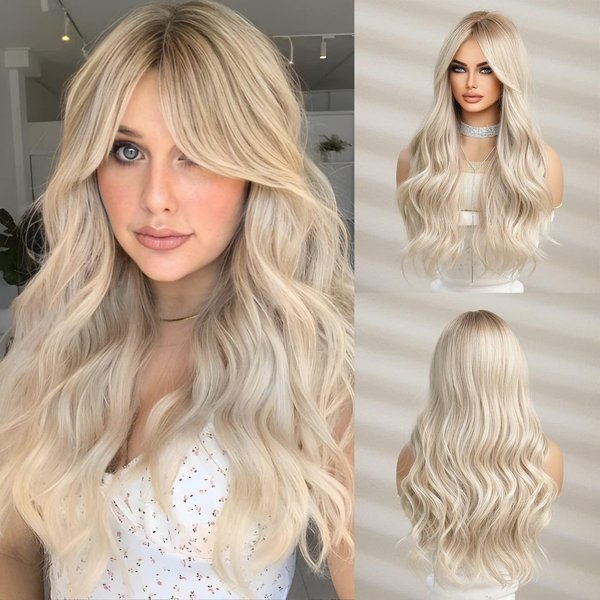 JOOLER Blonde Wig With Bangs Platinum Blonde wigs For Women Long Blonde Wig for Women Ombre Blonde Wigs with Dark Roots Natural Hair Heat Resistant