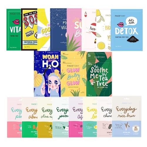 FACETORY 19 Facial Sheet Mask Collection - Korean Skin Care Sheet Mask Pack of 19 - Hydrating, Moisturizing, Soothing, and Radiance Boosting - For All Skin Types, Variety Pack of 19 Sheet Masks