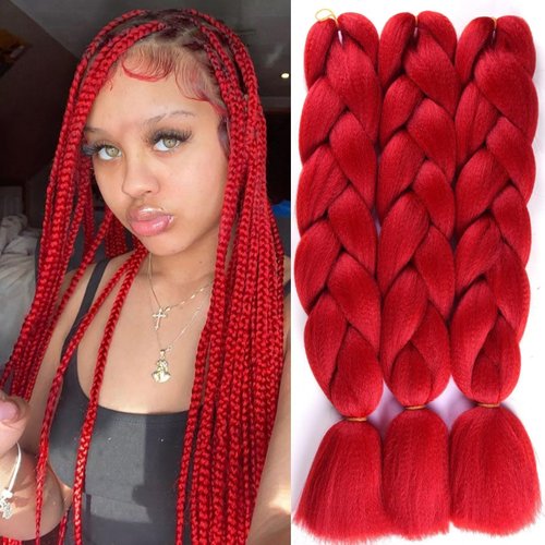 Royota Jumbo Braiding Hair Red Hair Extensions 3 Pack 24 Inch for Braid Hair High Temperature Synthetic Colored Hair Extensions For Braiding(3 Packs 24", Red)