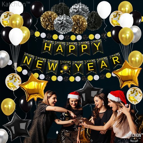 KatchOn, New Years Eve Party Supplies 2025 - Big, Pack of 70 | Happy New Year Banner, Happy New Years Decorations 2025 | Hanging Swirls, PomPoms, NYE Decorations 2025 | New Years Eve Decorations