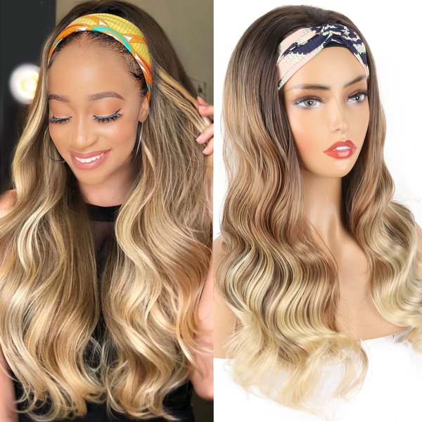 LEOSA Ombre Blonde Headband Wig Body Wave Ombre Platinum Wig Headbands for Women Blonde Wavy Wig Long Wavy Headband Wig Synthetic Headband Wigs