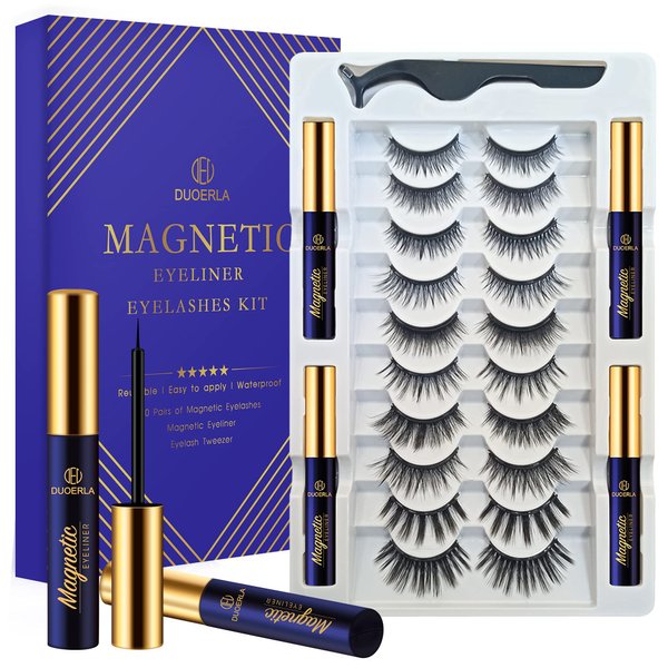 DUOERLA Magnetic Lashes with Eyeliner and Applicator, 10 Pairs Reusable Magnetic Eyelashes kit and 4 Tubes of Waterproof Magnetic Eyeliner, [Upgraded] 3D Natural Looking, Long Lasting,Easy to Apply.